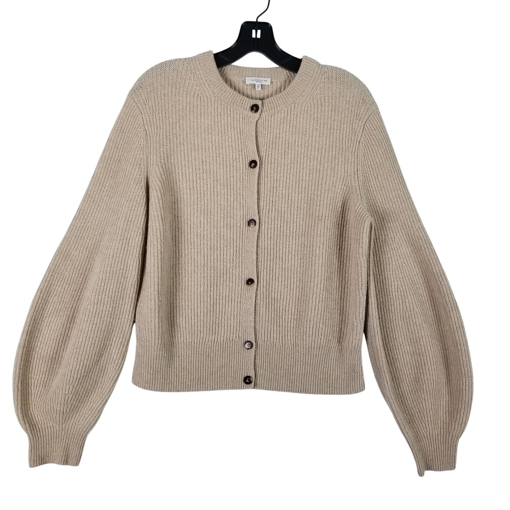 Lafayette 148 Cardigan Women Small Tan 100% Cashmere Ribbed Balloon Sleeve KC04